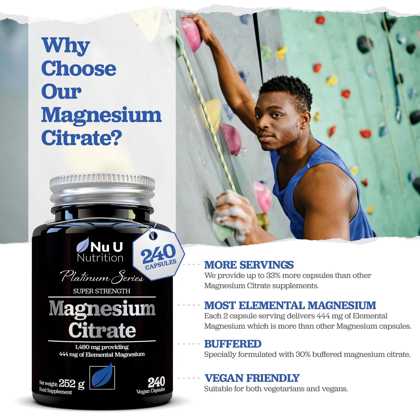 Magnesium Citrate 1480mg - 240 Vegan Capsules - 4 Month Supply - Providing 444mg Elemental Mag - Capsules not Tablets - High Strength Supplement - Made in The UK - Nu U Nutrition