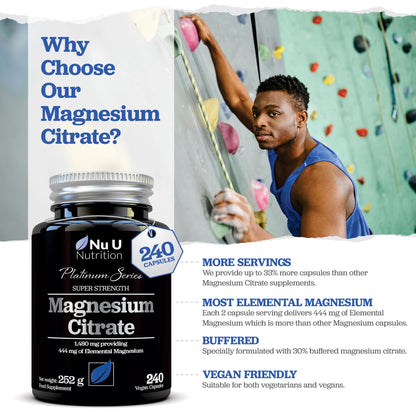 Magnesium Citrate 1480mg - 240 Vegan Capsules - 4 Month Supply - Providing 444mg Elemental Mag - Capsules not Tablets - High Strength Supplement - Made in The UK - Nu U Nutrition