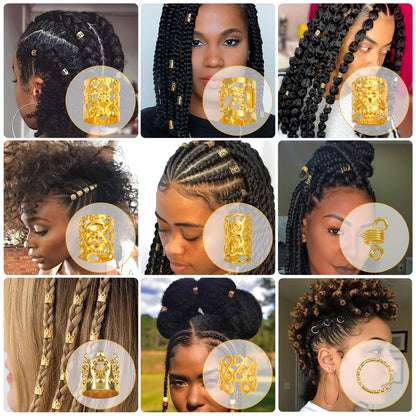 Lucomb 220 Pcs Gold Hair Jewelry for Braids, Loc Jewelry for Hair Dreadlock, Loc Charms for Women, Metal Gold Braids Rings Cuffs Clips for Dreadlock Accessories Clip Braids Extensions Decorations