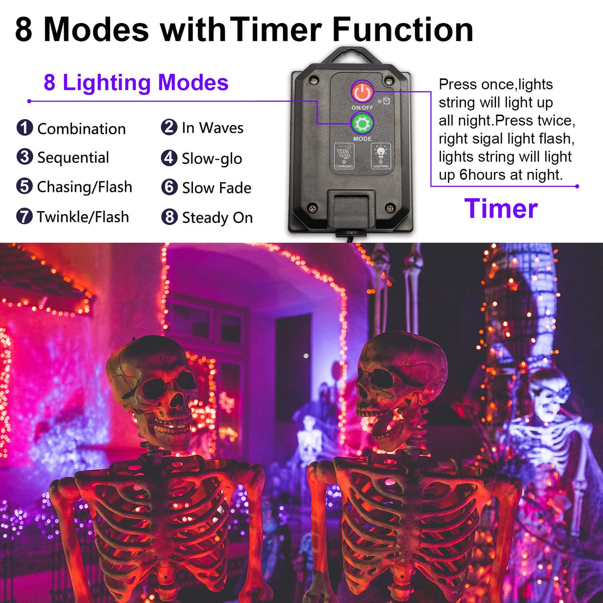 Solar Halloween String Lights Outdoor Orange, 2Pack 144ft 400 LED Spooky Lights 8 Modes with Timer, IP44 Waterproof Twinkle Lights for Fall Party, Patio, Garden Decor