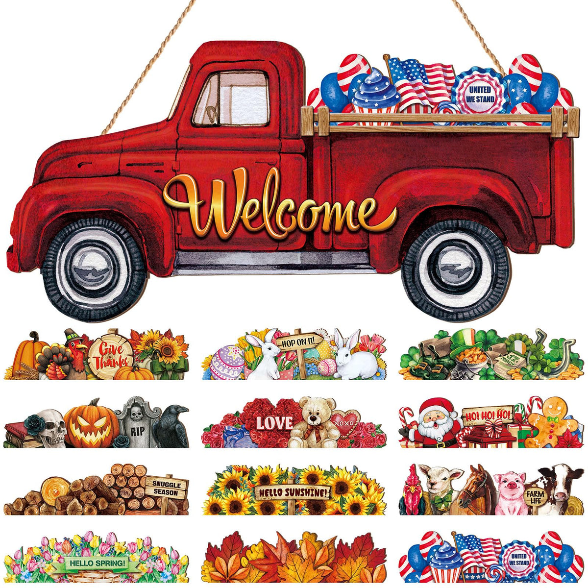 Ferraycle 13 Pcs Fall Interchangeable Welcome Sign, Red Truck Door Hanger with 12 Seasonal Signs, Holiday Christmas Rustic Farmhouse Front Door Decor