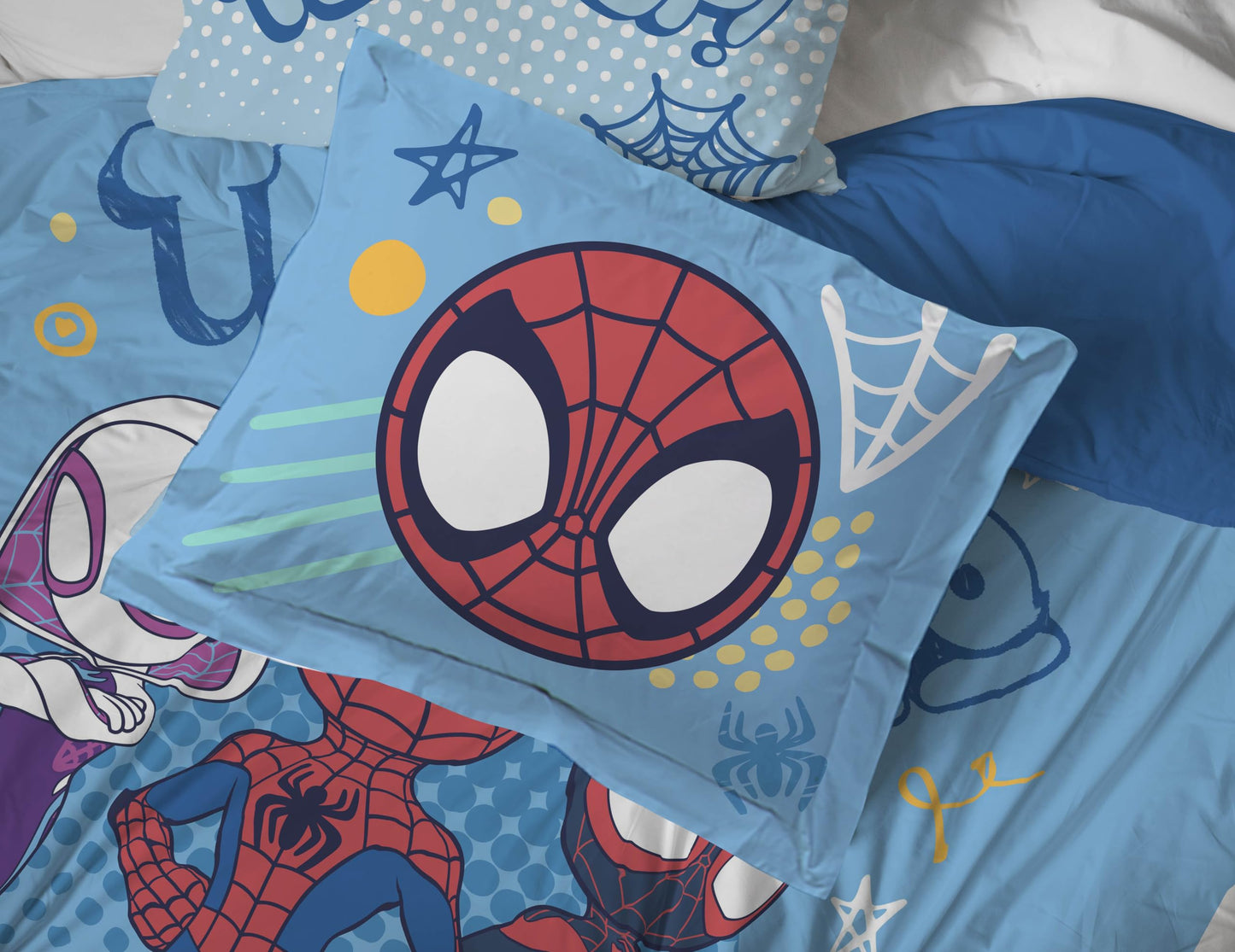 Jay Franco Kids Comforter Set Includes Sheets and Pillow Covers - Soft and Cozy Bed Set for Stylish Room Decor, Light Blue - Spidey & His Amazing Friends, 5 Piece Twin Bedding