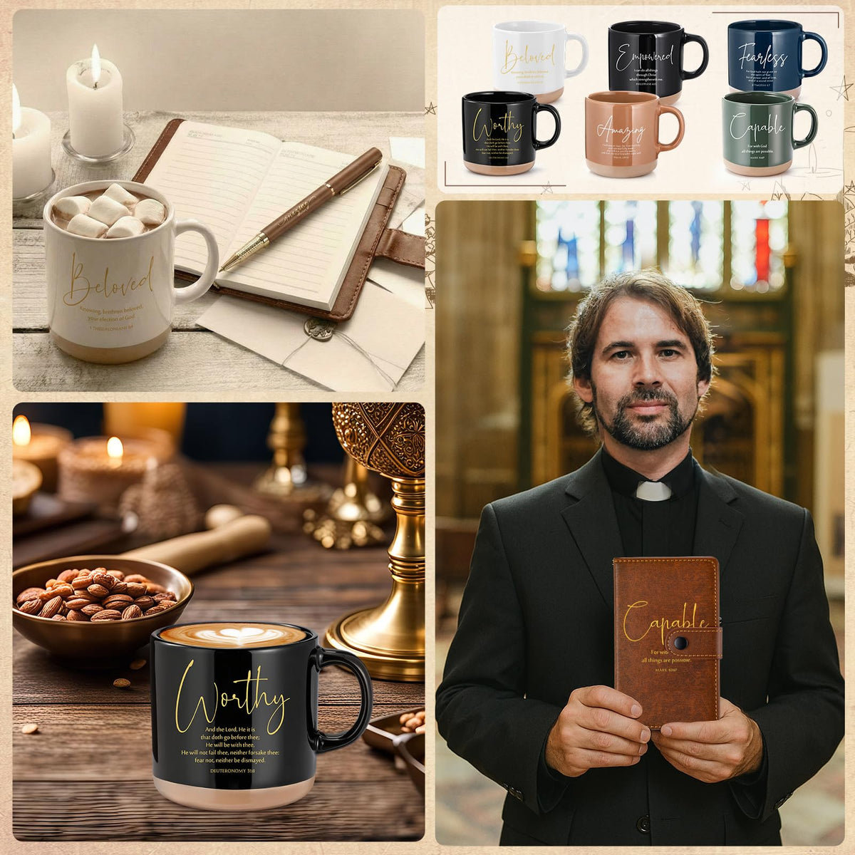 Potchen 18 Pcs Christian Gift Set for Women Men, 13oz Bible Verse Ceramic Coffee Mugs with Leather Journal Pen Inspirational Religious Gifts for Office Coworkers Pastor Church (Bible,Neutral Brown)