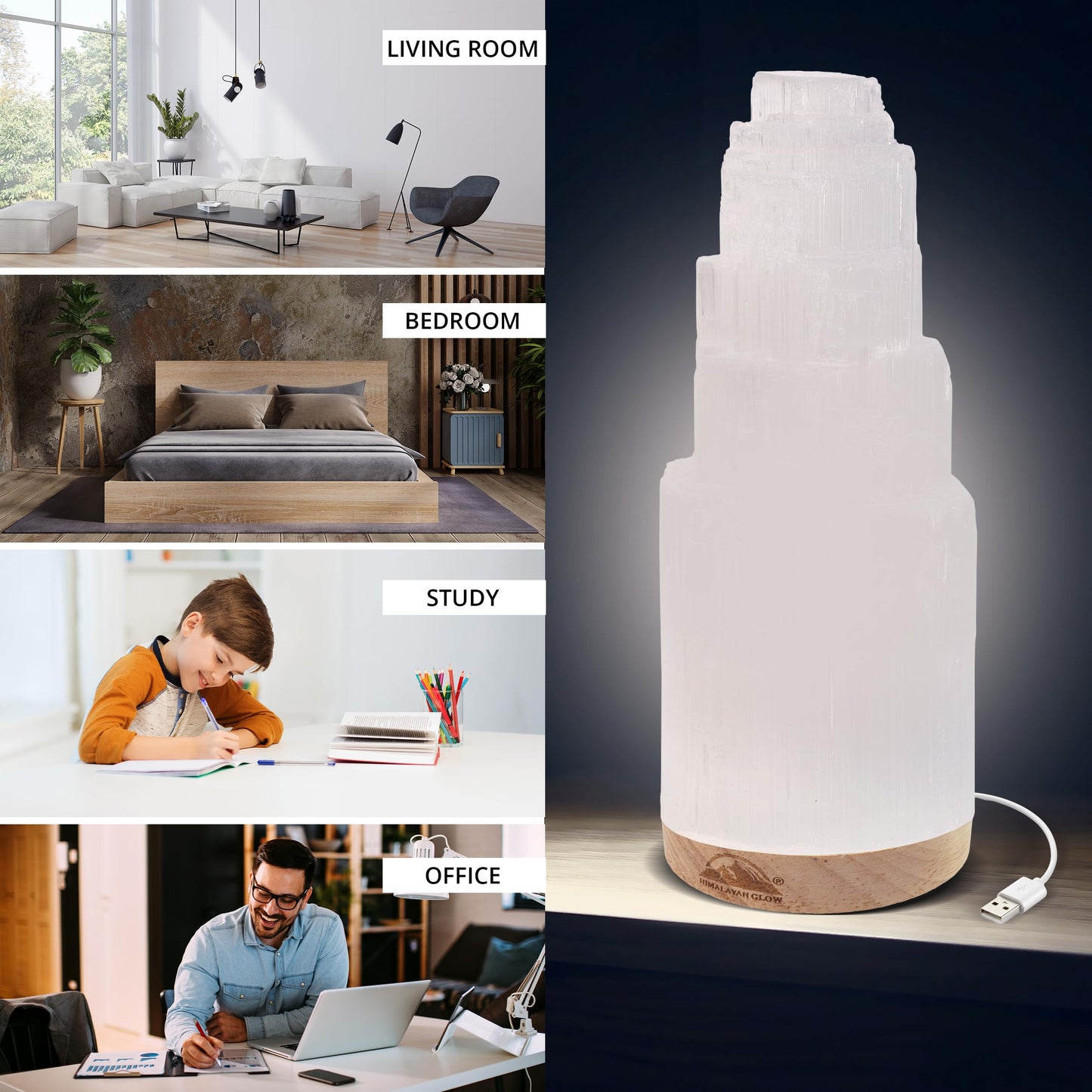 Himalayan Glow Selenite Crystal Lamp 20 cm, Hand Curved Moroccan Charging Station, Crystals and Healing Stones, Electric Cord with Dimmer Switch For Home Decor & Spiritual Protection 4-7 Lbs