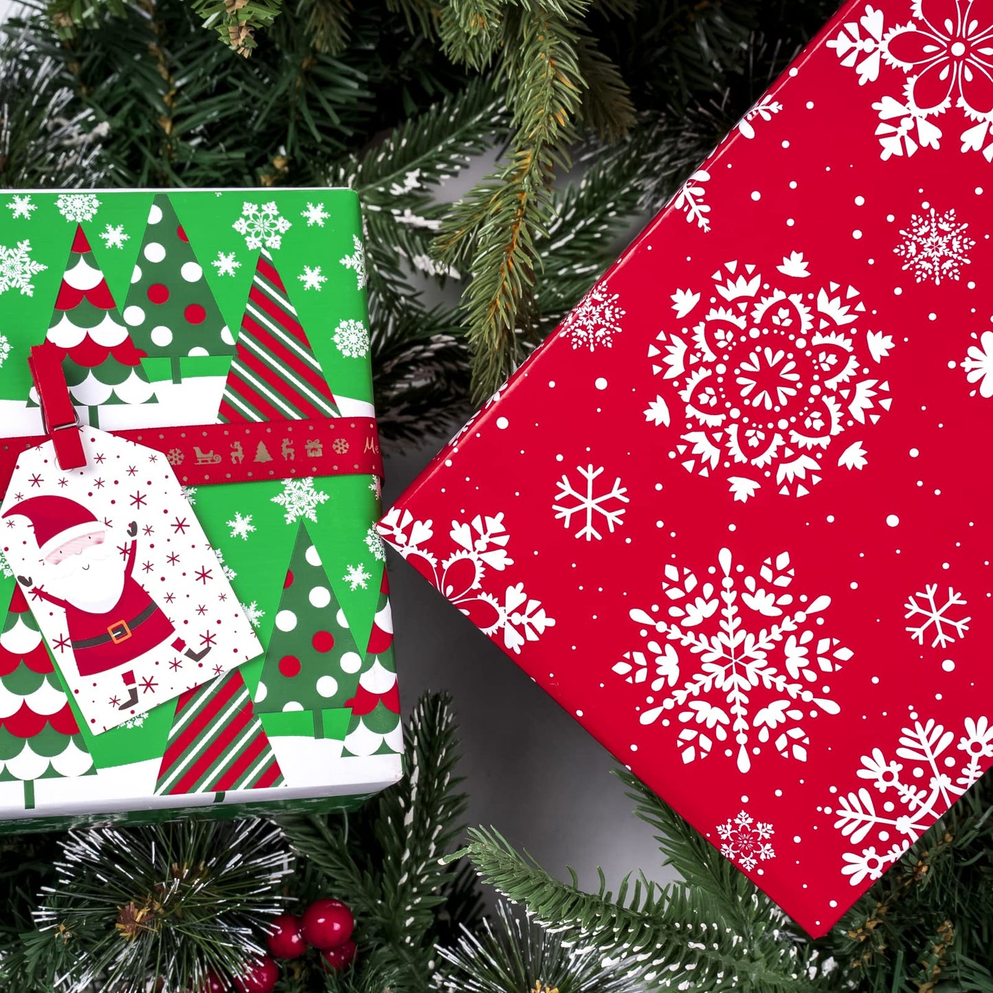 LeZakaa Christmas Wrapping Paper Jumbo Roll, Christmas Tree, Snowflakes in Red Retro Reversible Design for Festive Holiday, Family Gathering, 24 inches x 100 Feet