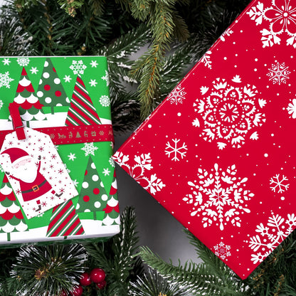 LeZakaa Christmas Wrapping Paper Jumbo Roll, Christmas Tree, Snowflakes in Red Retro Reversible Design for Festive Holiday, Family Gathering, 24 inches x 100 Feet
