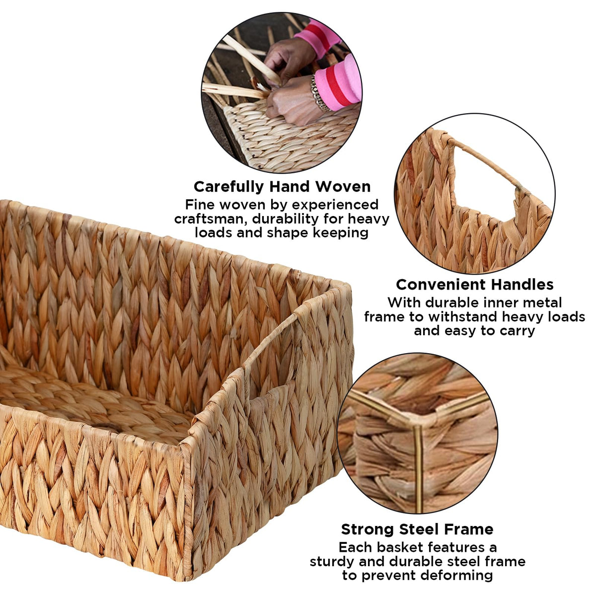 Ollieroo Rattan Storage Baskets, Handwoven Wicker Storage Bins with Built-in Handles, Storage Container Baskets for Shelves, Bedroom, Bathroom, Laundry Room or Kitchen(Natural)