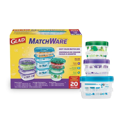 Glad GladWare MatchWare Food Storage Containers with Lids, BPA Free Reusable Plastic 20 Piece Variety Pack for Lunches, Meal Prep, and Leftovers, Leak Resistant, Microwave and Dishwasher Safe