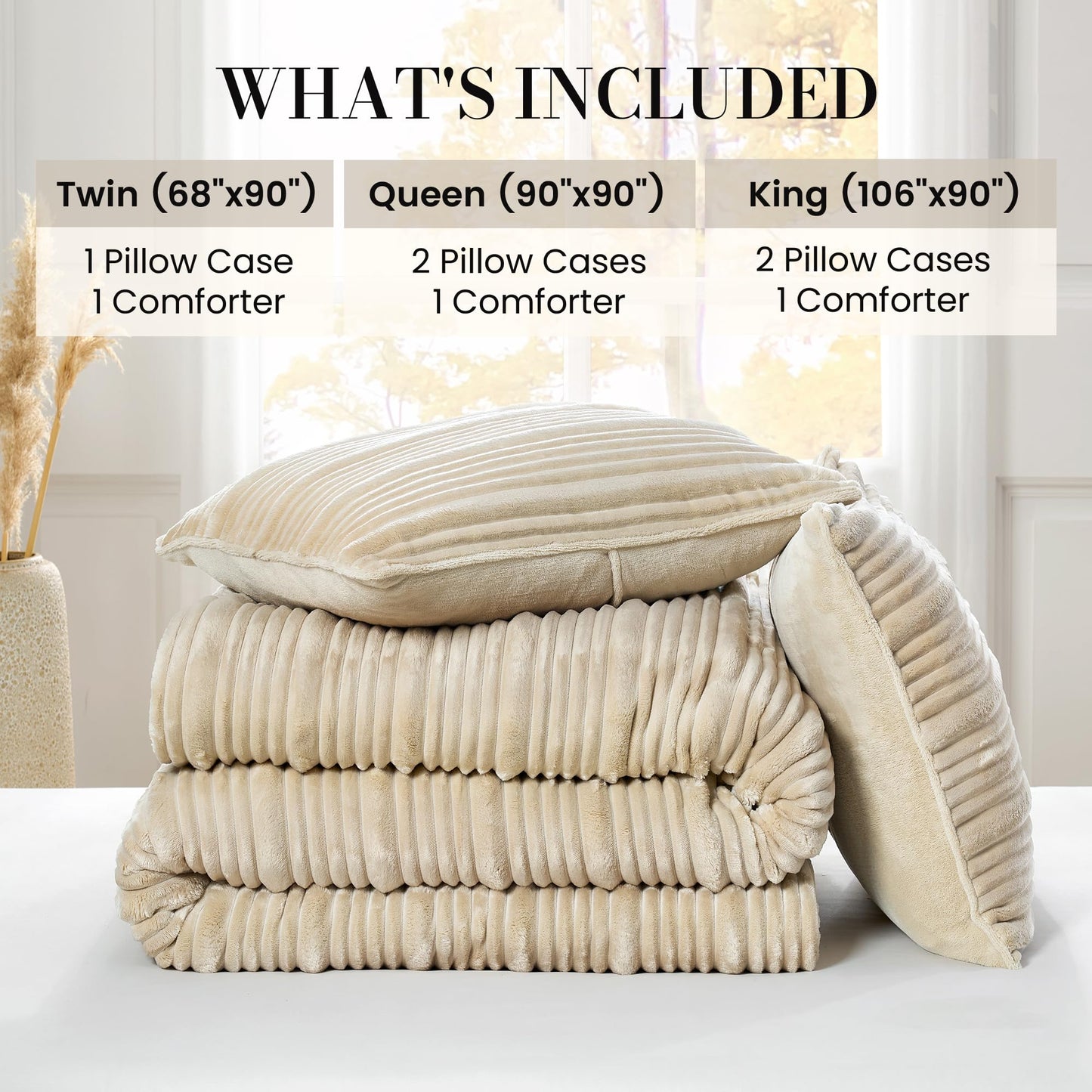 Amélie Home High-End Fleece Queen Comforter Set,Cozy Warm Striped Plush Bedding Set, 3 Pieces, 1 Cozy Comforter with 2 Pillowcases, Beige, 90"x90"