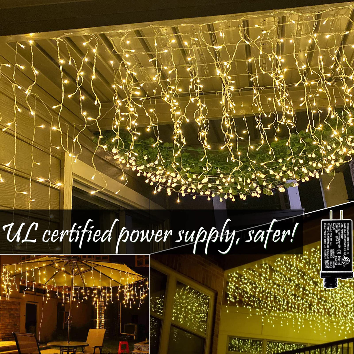 BLOFUN LED Lamps Outdoor Icicle Lights, 32.8 ft 400 LED - 8 Modes Curtain String Lights for Indoor/Outdoor, Wedding, Party, Holiday