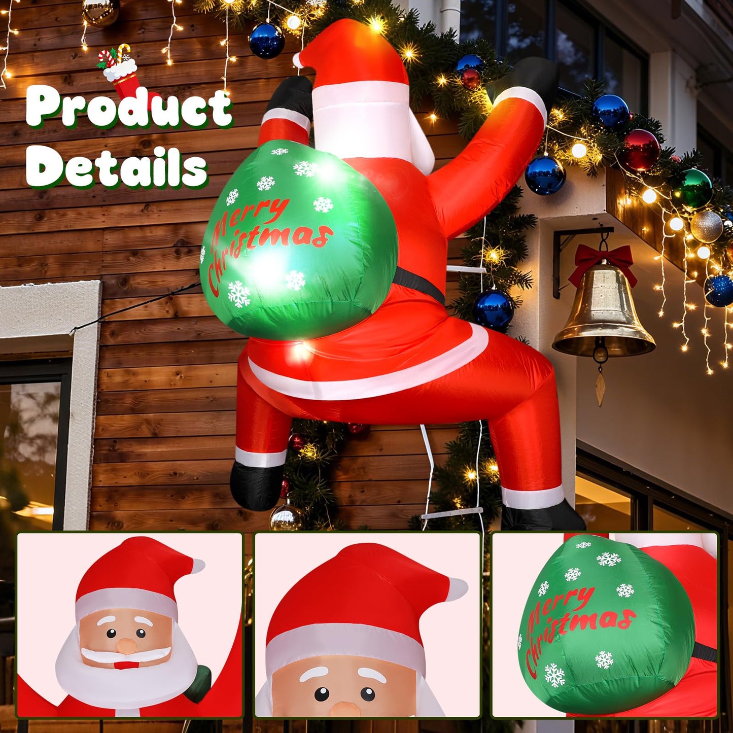 6FT Christmas Inflatable Outdoor Decorations Hanging Santa Built-in Bright LEDs, Blow Up Climbing Santa Claus with Gifts Bag, Giant Christmas Decor for Window Wall Outdoor Xmas Holiday Party Lawn