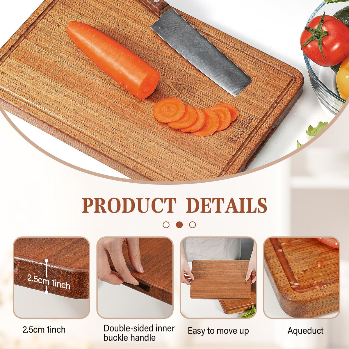 Relxinke Solid Teak Wood Cutting Board One Piece Non Glued Thick Crack Resistant Wooden Chopping Board with DeepJuice Grooves Built in Handles for Kitchen Meat Vegetable 12x8 IN