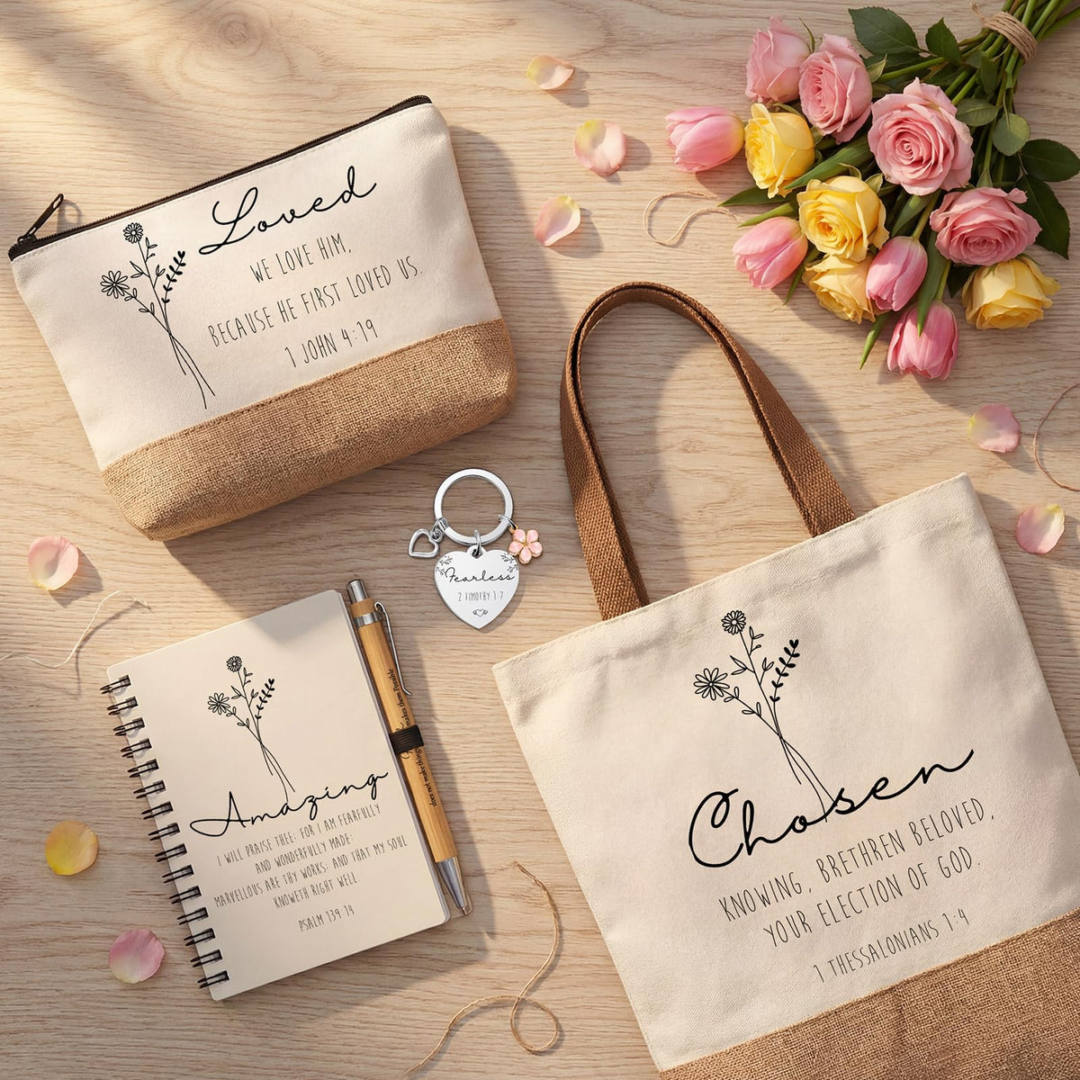Suclain 7 Pcs Christian Religious Gifts, Spiral Notebook, Coffee Mug, Bible Bag, Ballpoint Pen, Makeup Bag, Inspirational Keychain for Women Easter Birthday Graduation Appreciation Gift(Inspirational)