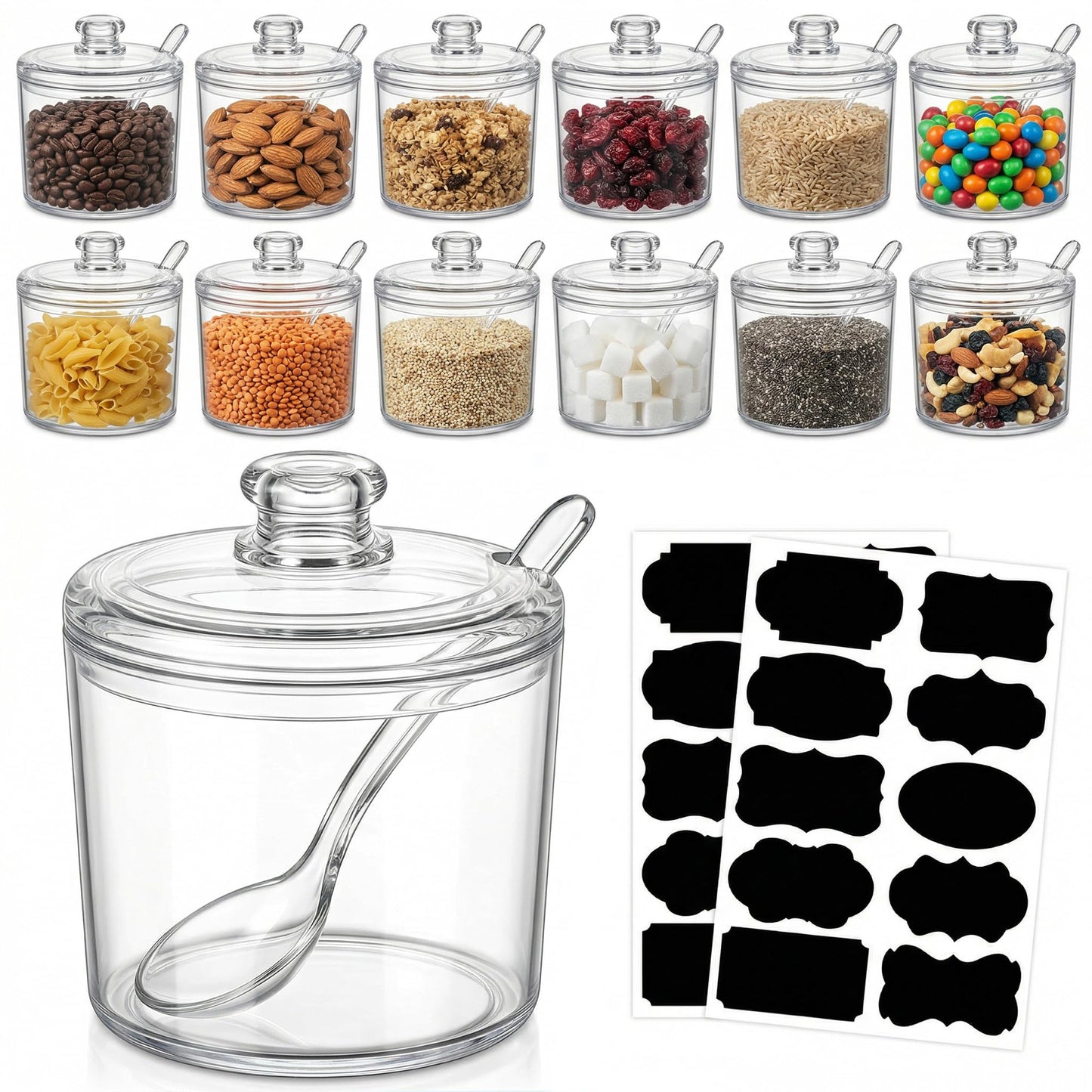 CACASO 12 Pcs Acrylic Sugar Bowls Containers, 11 oz Clear Lid Spoon Condiment Pots, Seasoning Box Storage Jar Coffee Bar Kitchen Spices Salt Tea
