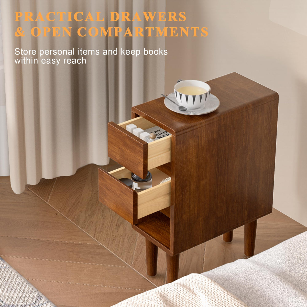 Narrow Nightstand 2 Drawers with Open Shelf Narrow Night Stand Solid Wood Bedside Table Mid Century Modern Nightstand Wooden End Table for Bedroom, Study, Office