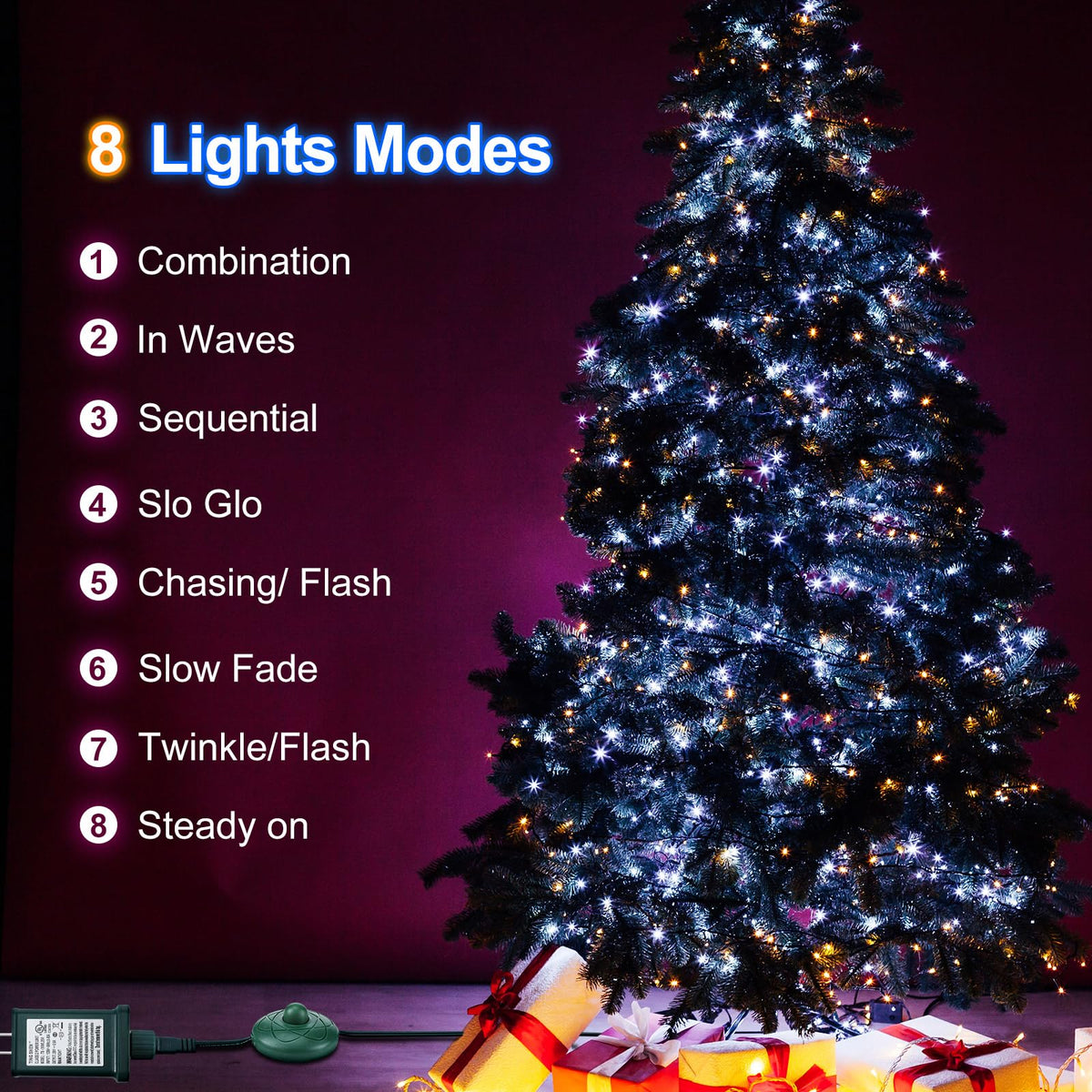 Flutesan 6 ft Power Cord LED Transformer 8 Light Modes for Christmas Light Raintight Foot Switch 5/8 Inch Plug Compatible Replacement Holiday Connector for LED String Holiday