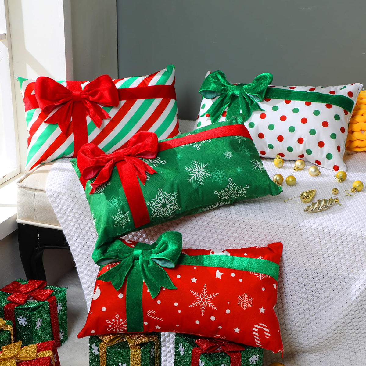 Kingdder Christmas Pillow Covers 12 x 20 Inch Set of 4 Farmhouse Xmas Throw Pillow Cases Gift Box Style Red Green White Snowflake Bow Decoration for Couch Holiday Sofa Cushion Decor