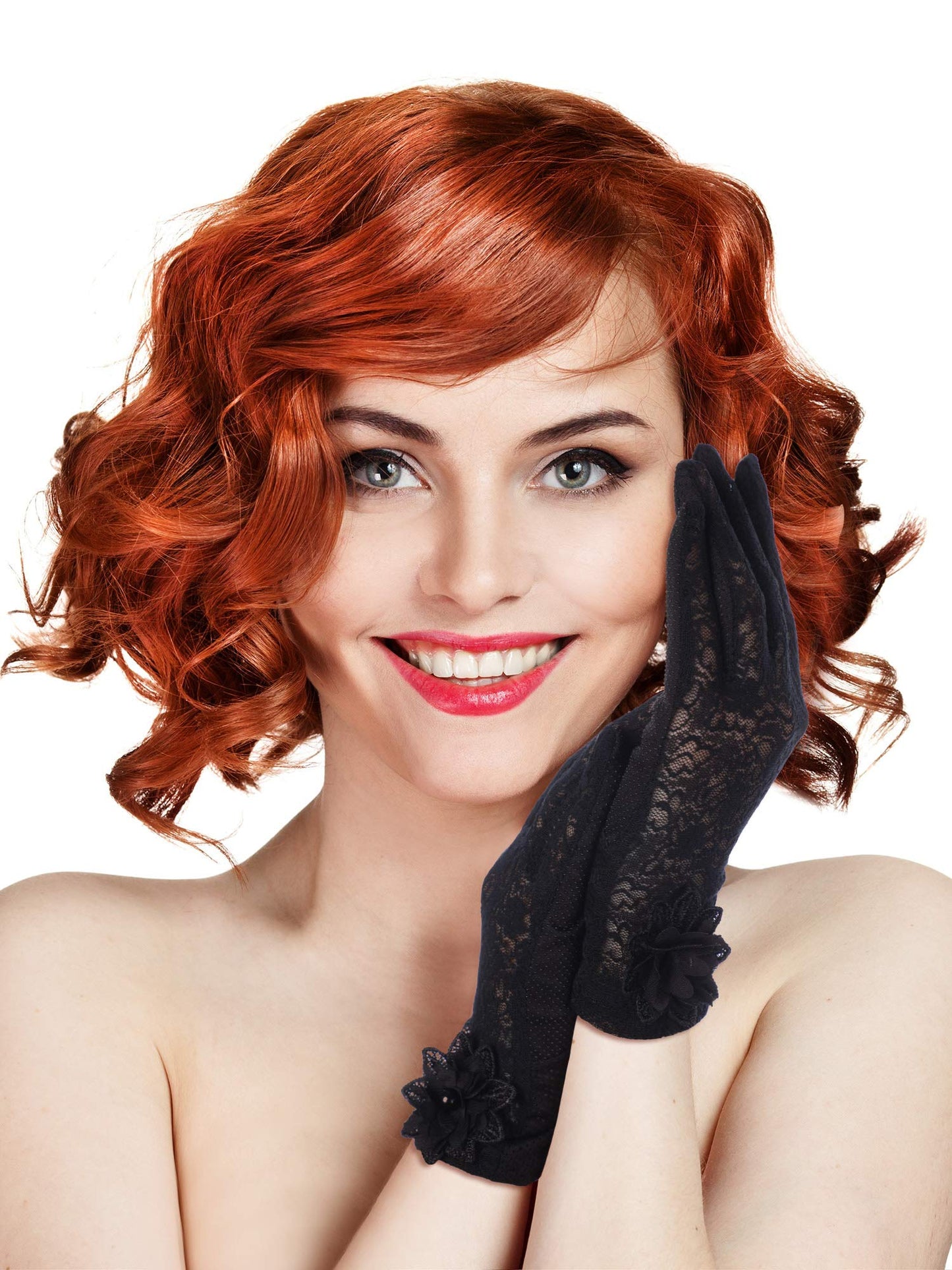 SATINIOR Lace Gloves Women Short Fingerless Floral Gloves for Tea Party Wedding Halloween(Floral,Black)