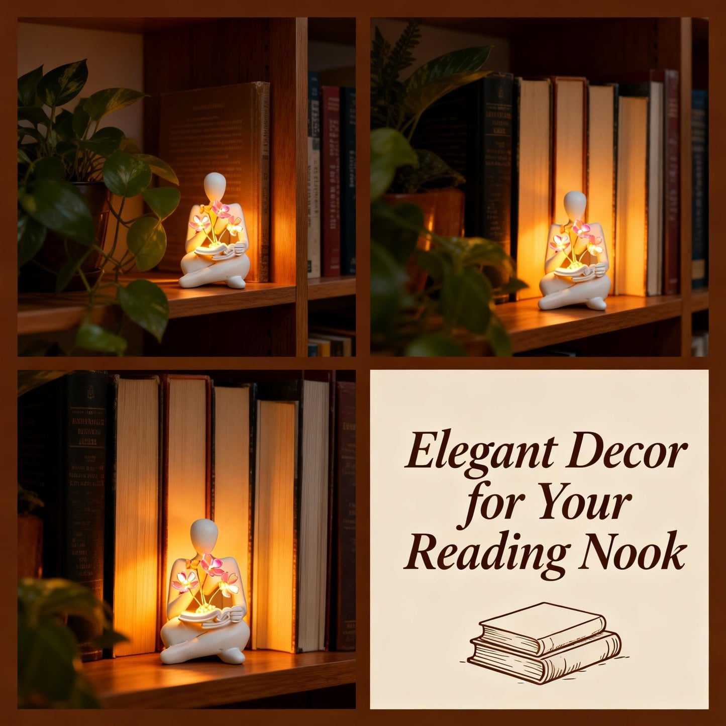 O-FarFarm Bookshelf Decor Thinker Statue with Blossom Lamp - Battery Powered Night Light & Modern Adornos para Sala, Reading Nook Lighting - Gift for Adults and Art Collectors