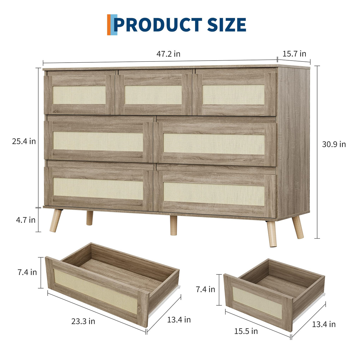 Patikuin Modern Rattan 7 Drawer Dresser for Bedroom, Wooden Chest of Drawers with Storage, Clothes Organizer Cabinet for Nursery, Living Room, Entryway, Natural Finish