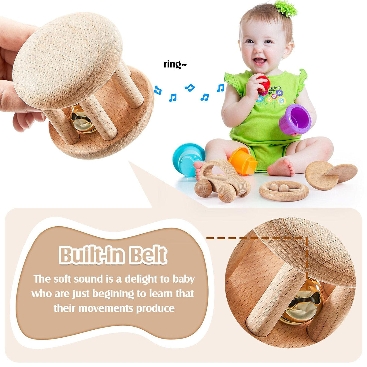 Zhanmai 5 Pcs Wooden Baby Toys Montessori Toys for 0-6-12 Months Sensory Baby Rattles with Bells Push Car Wooden Newborn Boys and Girls Gifts for Toddlers 1-3 Years Infant Grasping Sensory Development