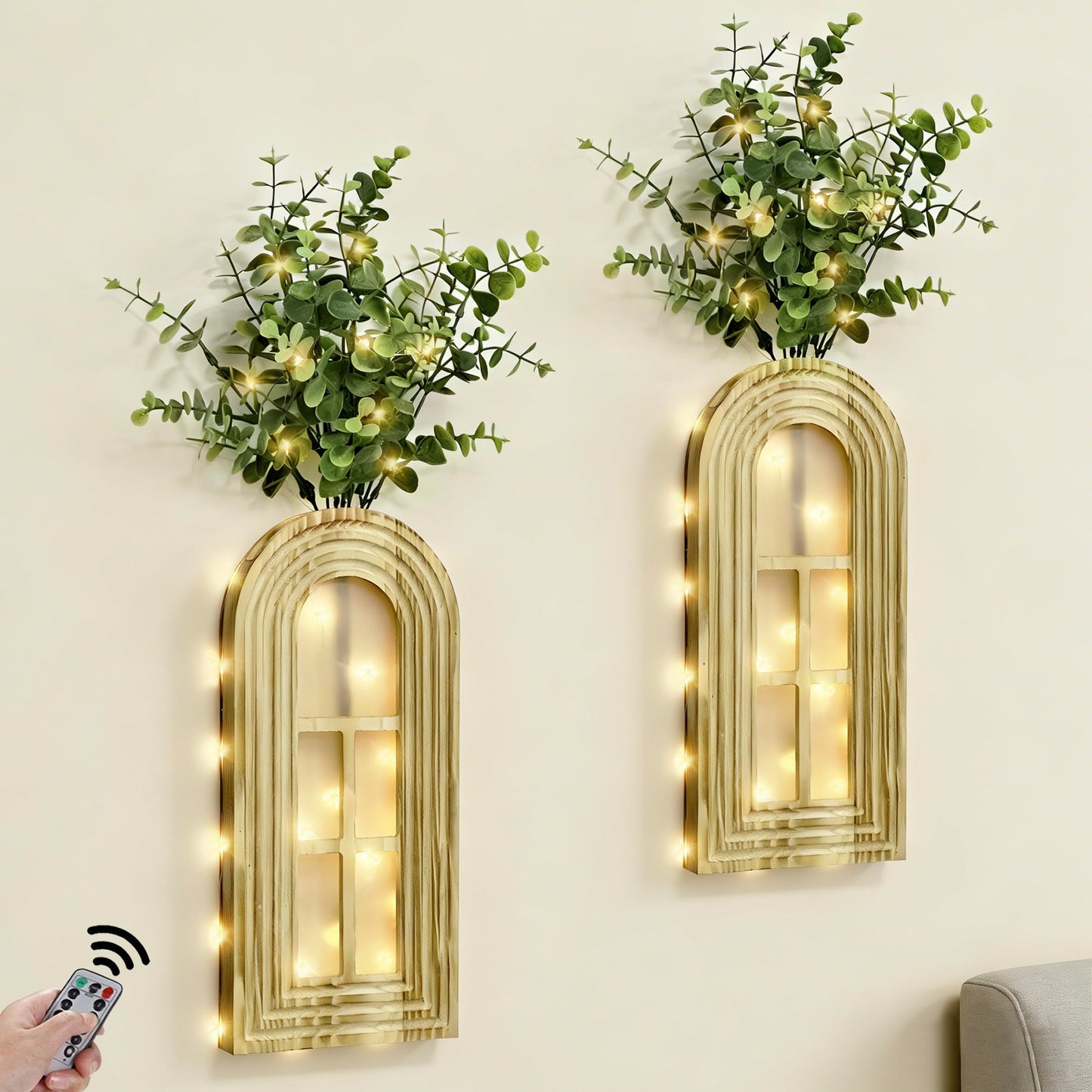 HOMECOR Hanging Wooden Vase Wall Decor - Brown Finish Boho & Modern Farmhouse Decor with Fairy Lights & Artificial Plants, Wall Art for Living Room, Bedroom, Bathroom Mothers Day Home Decor Gift