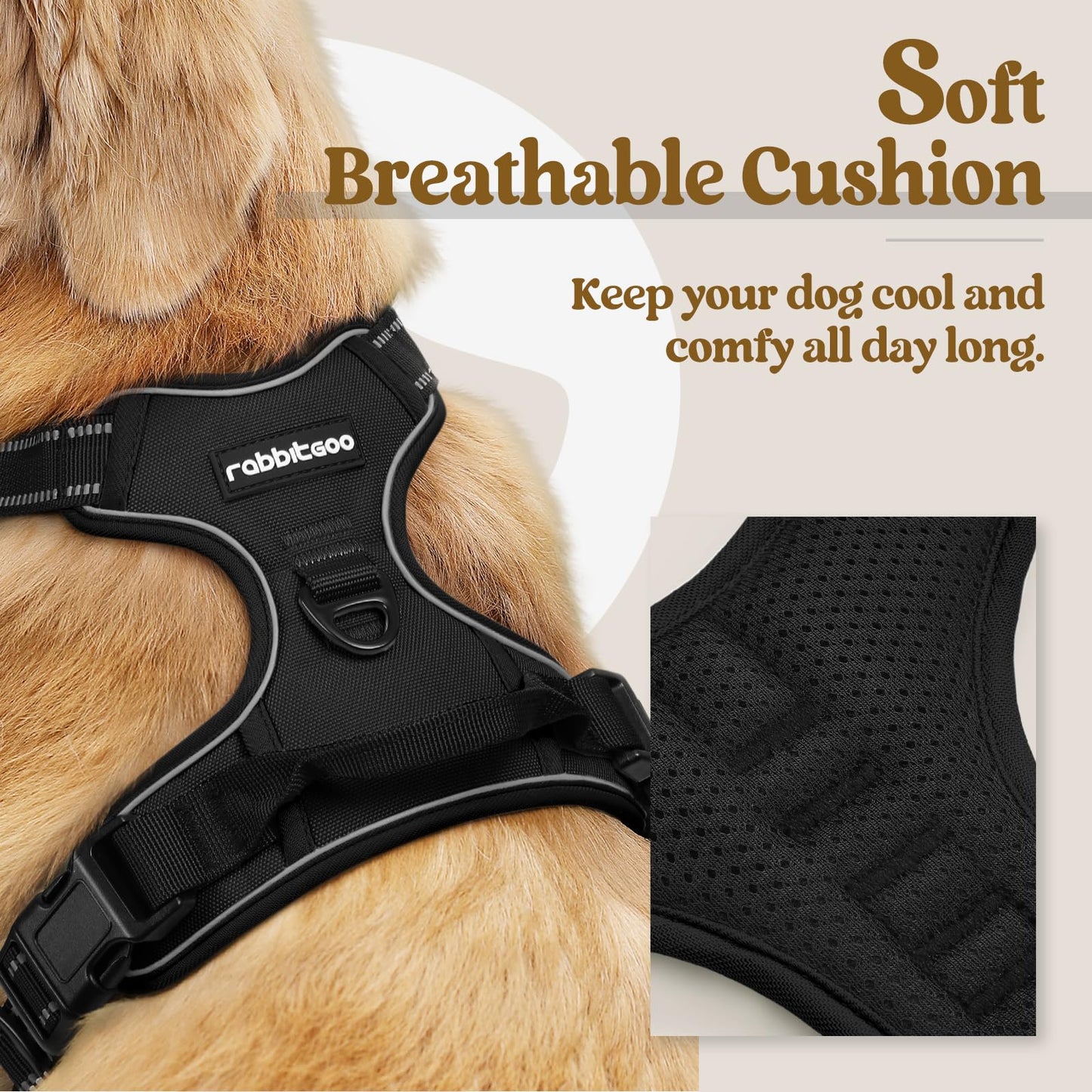 rabbitgoo Dog Harness Large Dog No Pull Pet Harness with 2 Leash Clips, Adjustable Soft Padded Pet Vest Harness, Reflective No-Choke with Easy Control Handle for Training or Walking, Black, L