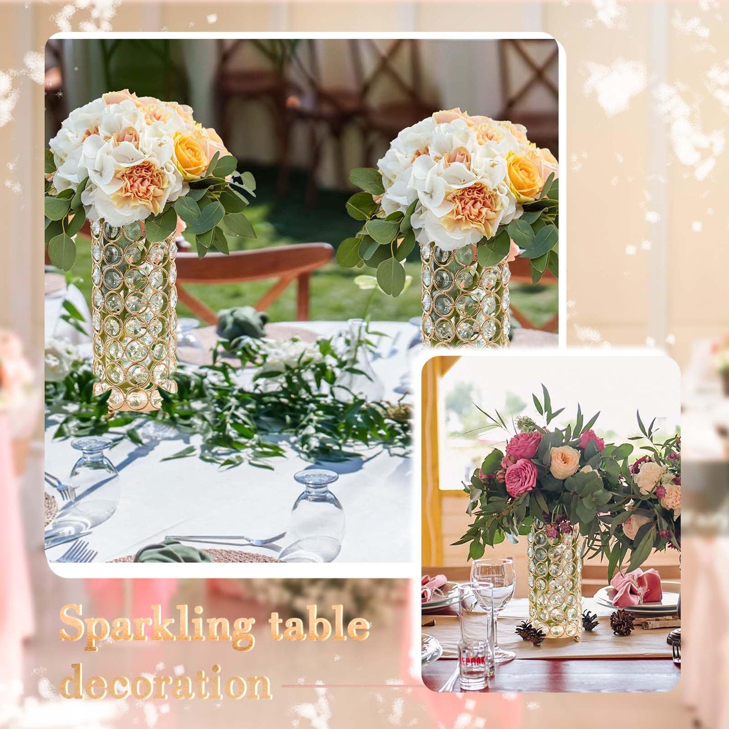 Elegant Crystal Column Vase/Candle Holder, Cylinder Flower Display Tabletop Centerpiece for Weddings & Home Decor (4, Gold)