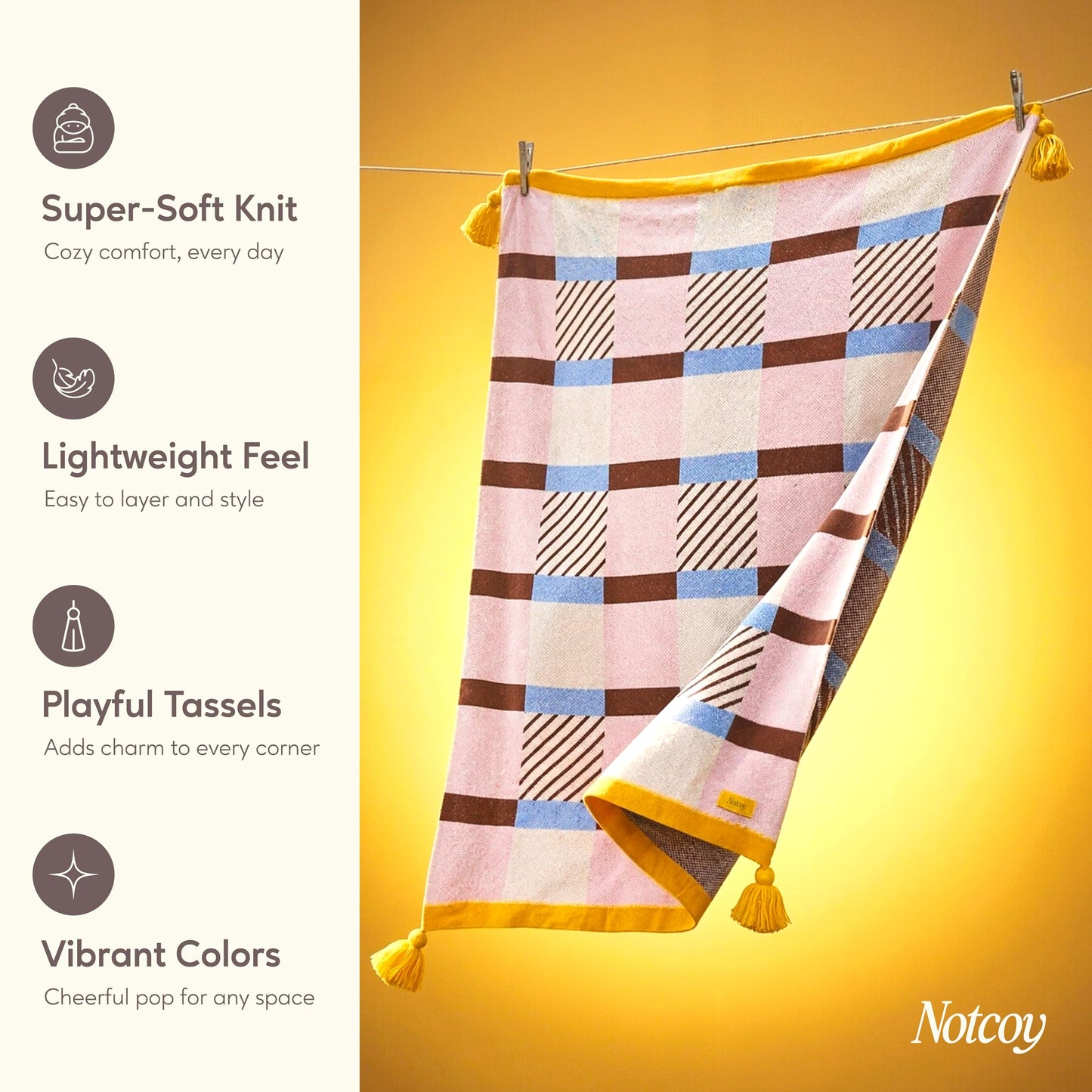 notcoy Knit Throw Blanket with Corner Tassels, Super-Soft Lightweight Acrylic Blanket for Couch Sofa and Bed, Decorative All Seasons Throw, 51x67 Inch - Pink & Brown Checkered