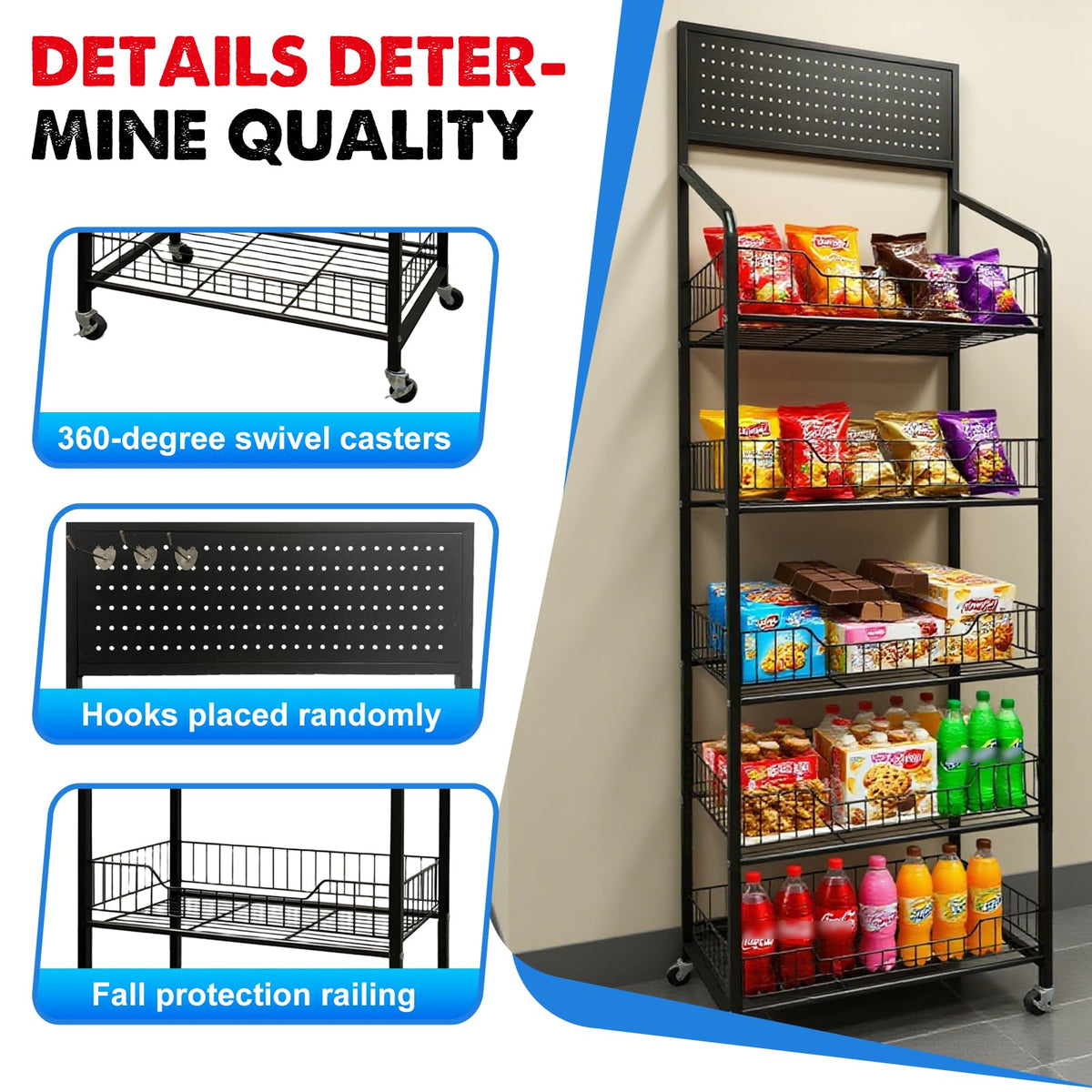 5 Tier Retail Candy Display Rack Metal Storage Shelf with Wheels & 15 Hooks Concession Candy Snack Display Racks Sturdy and Stable Chip Shelf Rack for Stores, Kitchen, Office (Black, 19.7*10.6*65 in)