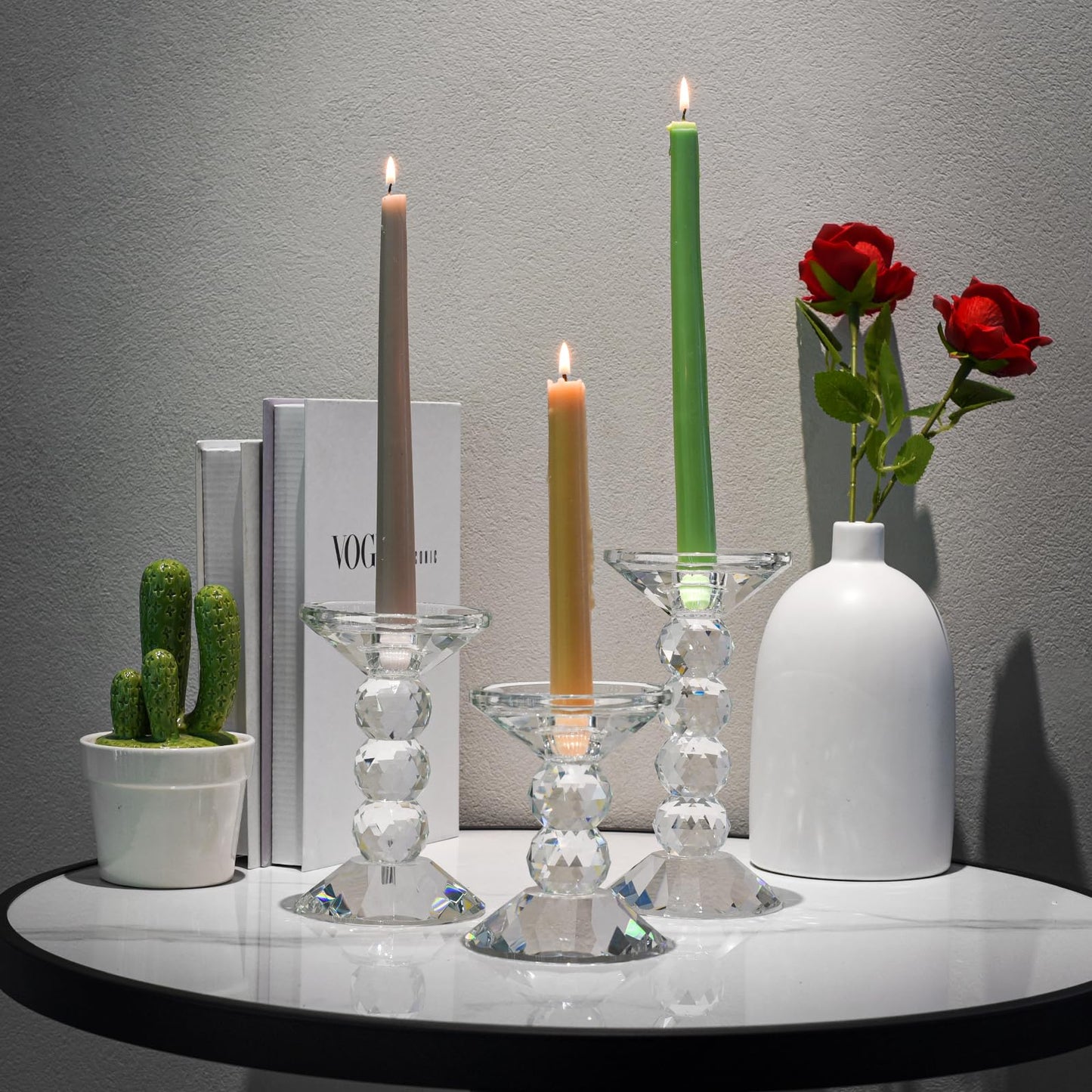 Kitcom Crystal Candlestick Holders Crystal Pillar/Taper Candle Holders, Tabletop Centerpieces for Party Wedding Banquet Decorations Set of 3, Comes with Gift Box(7.5''/6.3''/4.9'' Tall)