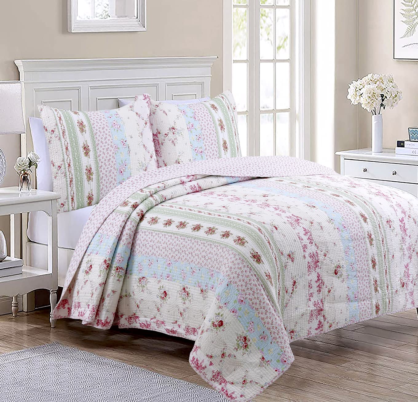 Cozy Line Home Fashions 100% Cotton Real Patchwork Pink Floral Cottage Shabby Chic Reversible Quilt Bedding Set, Bedspread, Coverlet (Wild Rose, Queen - 3 Piece)