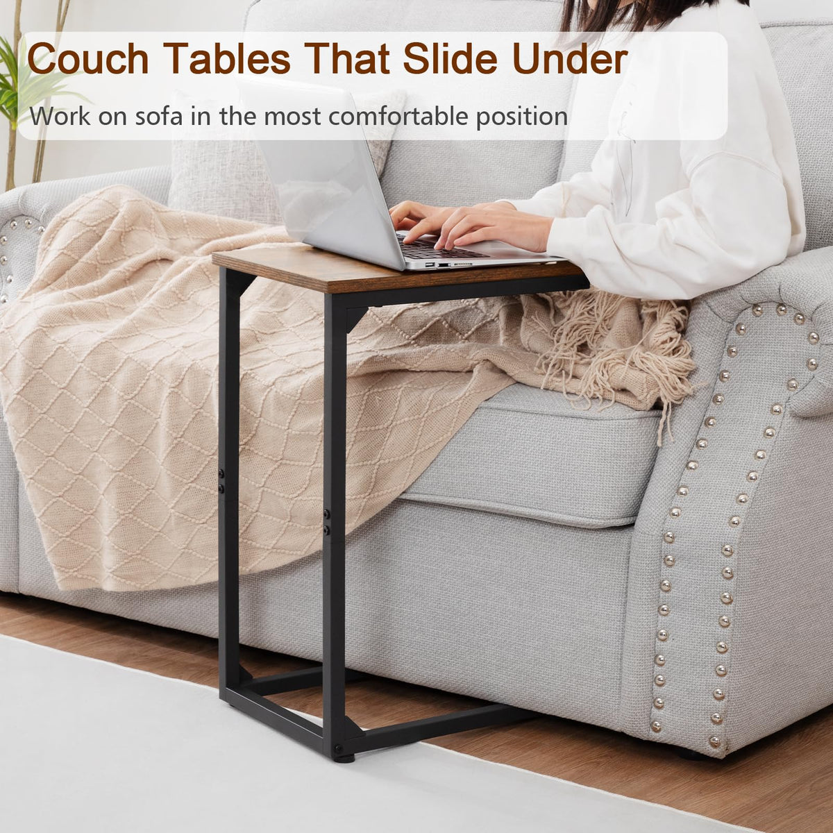 AMHANCIBLE C Shaped End Table Set of 2, Couch Side Table that Slide Under Sofa, Narrow Small Space TV Trays for Living Room, Bedroom, Rustic Brown HET02CBR