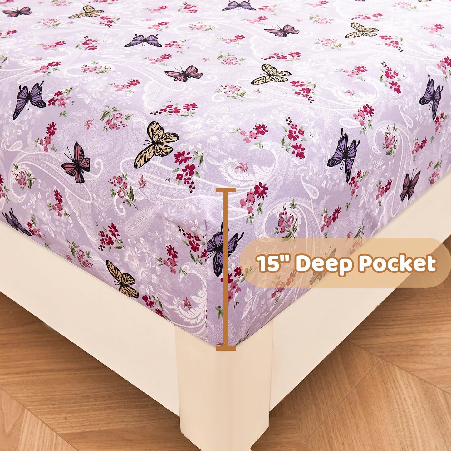Softan Floral King Bed Sheets, Purple Paisley Flower Printed Sheet Set - Brushed Microfiber King Fitted Sheet with 15" Deep Pocket and Corner Straps, Butterfly Patterned Sheet & Pillowcase Sets
