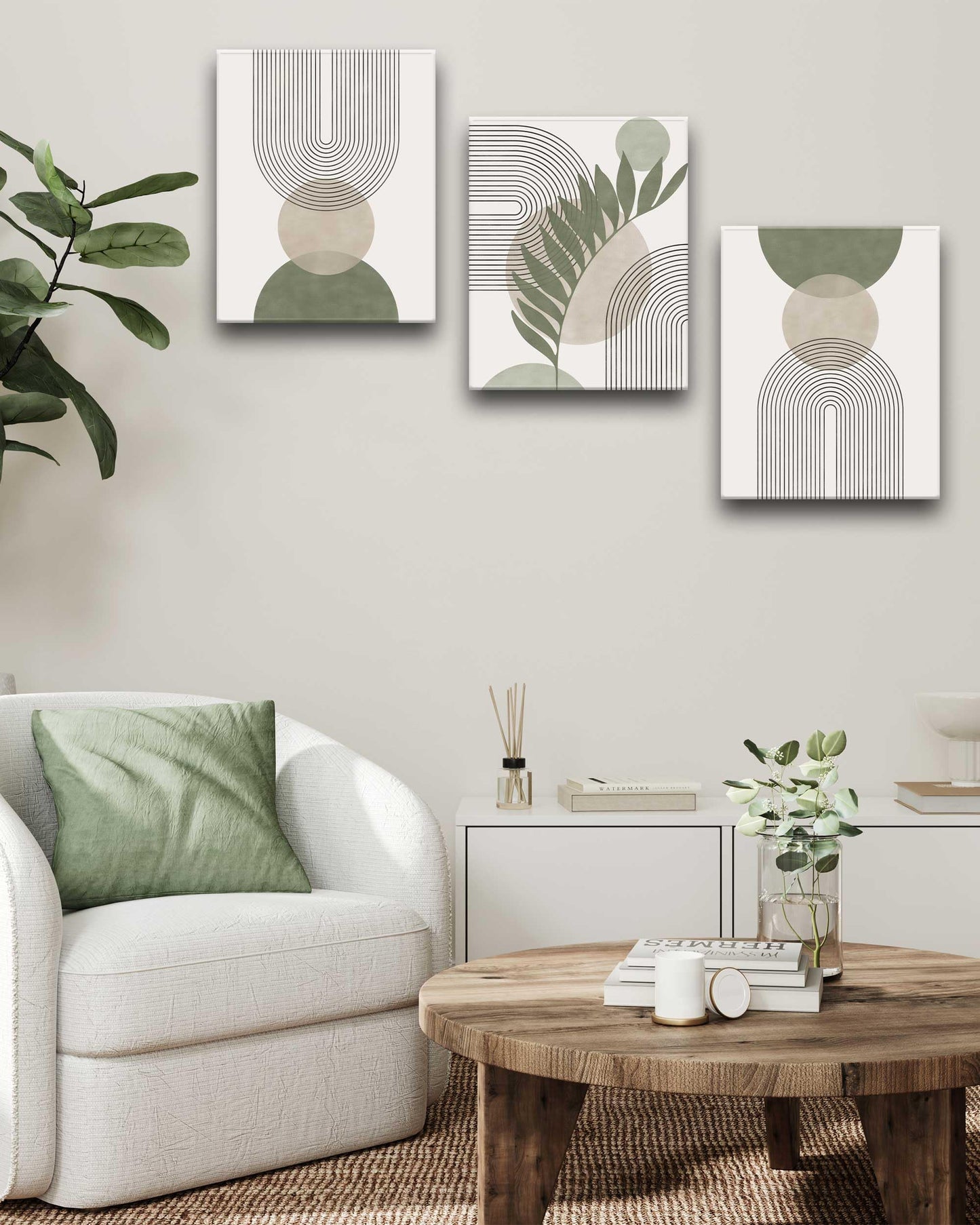 HesenDot Sage Green Boho Framed Wall Art,30x40CM Canvas Posters Prints,Minimalist Wall Decor,Mid-Century Modern Abstract Printing for Living Room Bedroom Bathroom Office,Set of 3