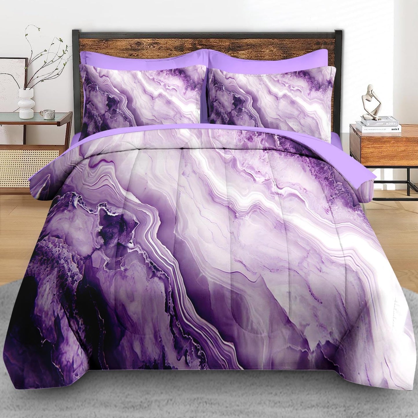 Pamnest Comforter Set Twin Size, Purple Marble Black Gold 5 Pcs Bedding for Kids and Adults, Blue Painting Pink Bed Sheet Sets with Fitted Sheet Pillowcase & Sham for Bedroom Bed Decor