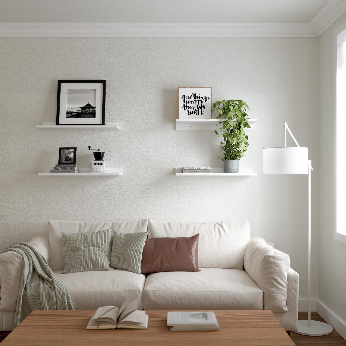 WOPITUES Floating Shelves, Wall Mounted Shelves for Room Decor, Modern Display Shelf for Bedroom, Sturdy Bathroom Storage Shelves, Book Shelves for Living Room, White Small Corner Shelves, Set of 4