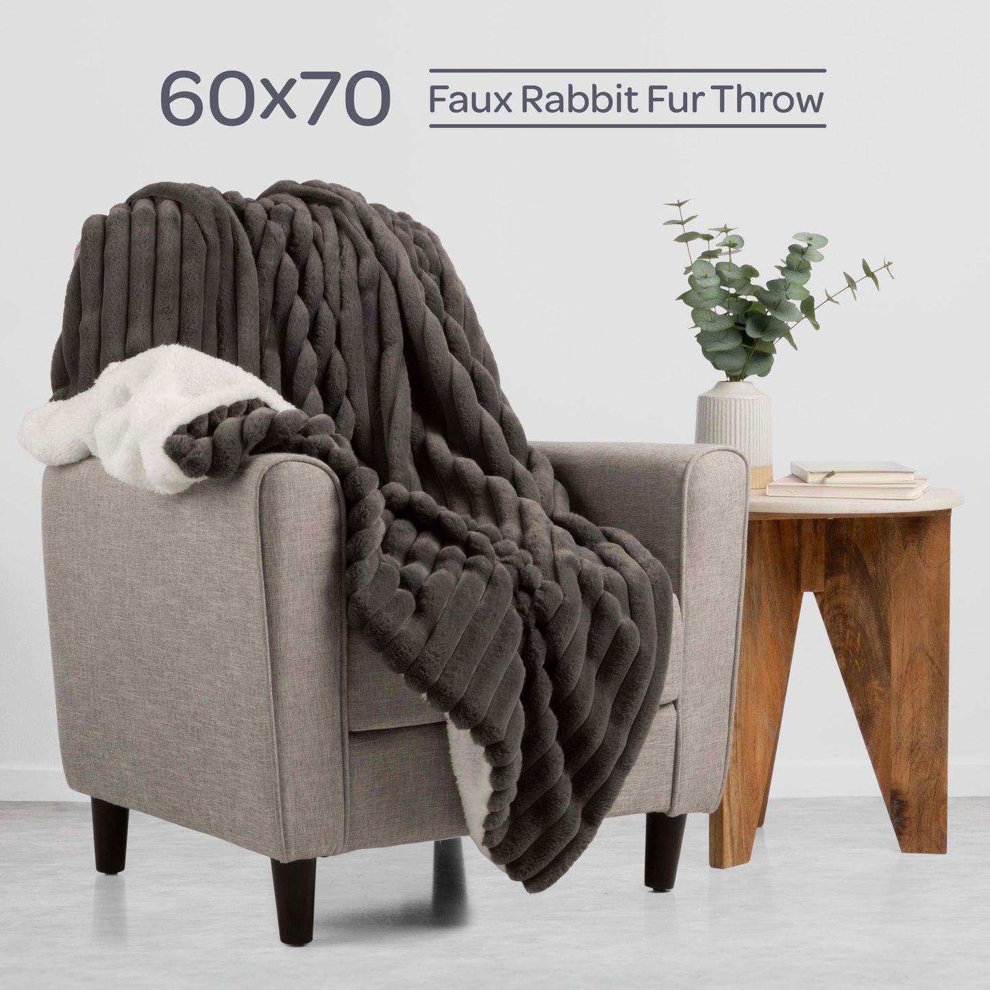 Lavish Home Faux Fur Throw Blanket - 60x70-Inch Twin Blanket for Couch, Bed, or Chair - Soft Throw with Plush Faux Rabbit Fur and Warm Sherpa for Living Room, Bedroom, and Home Decor (Ivory)