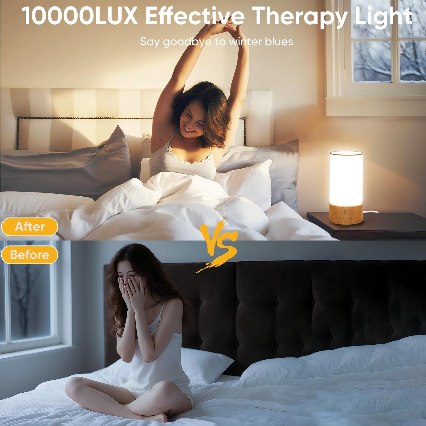 Caromolly Light Therapy Lamp, Happy Lamp 10,000 LUX UV Free with 3 Color Temperature & 5 Brightness Level, Full Spectrum Light Wood Base Round Flaxen Fabric Shade for Home, Office, 4" × 8.4”