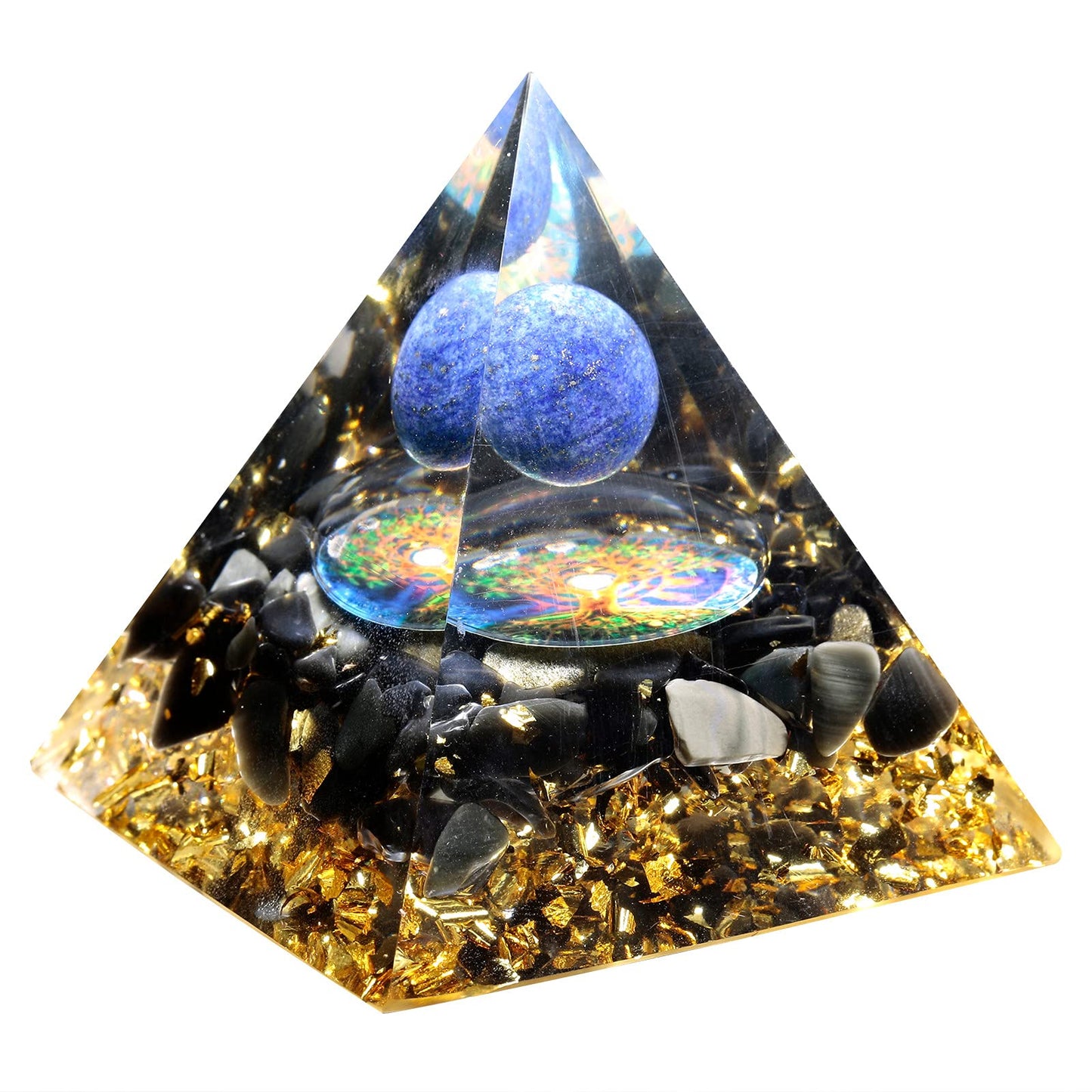 mookaitedecor Lapis Lazuli Crystal Sphere Orgone Pyramid with Obsidian Tumbled Stones and Tree of Life Symbol Orgonite Energy Generator for Protection Meditation Home Decor