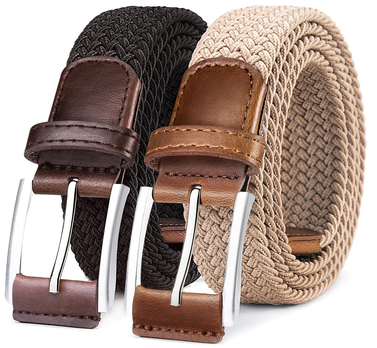 BULLIANT Belt for Men 2Pack,Mens Gift Stretch Braided Web Belt Elastic for Casual Golf Jeans,1 3/8"(Black/Beige,30"-34" Waist Adjustable)