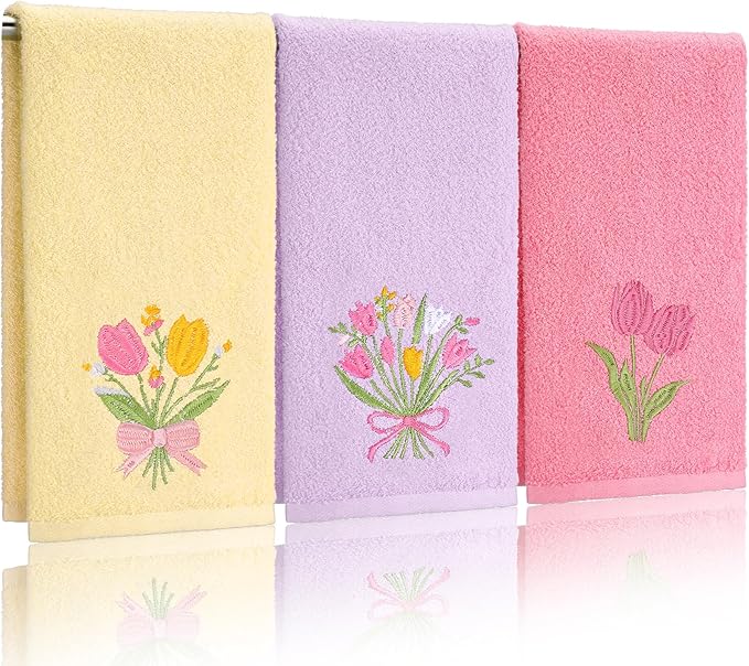 3 Pcs Tulips Bouquet Hand Towels Spring Pink Tulips Flower Bath Towels 14 x 29
