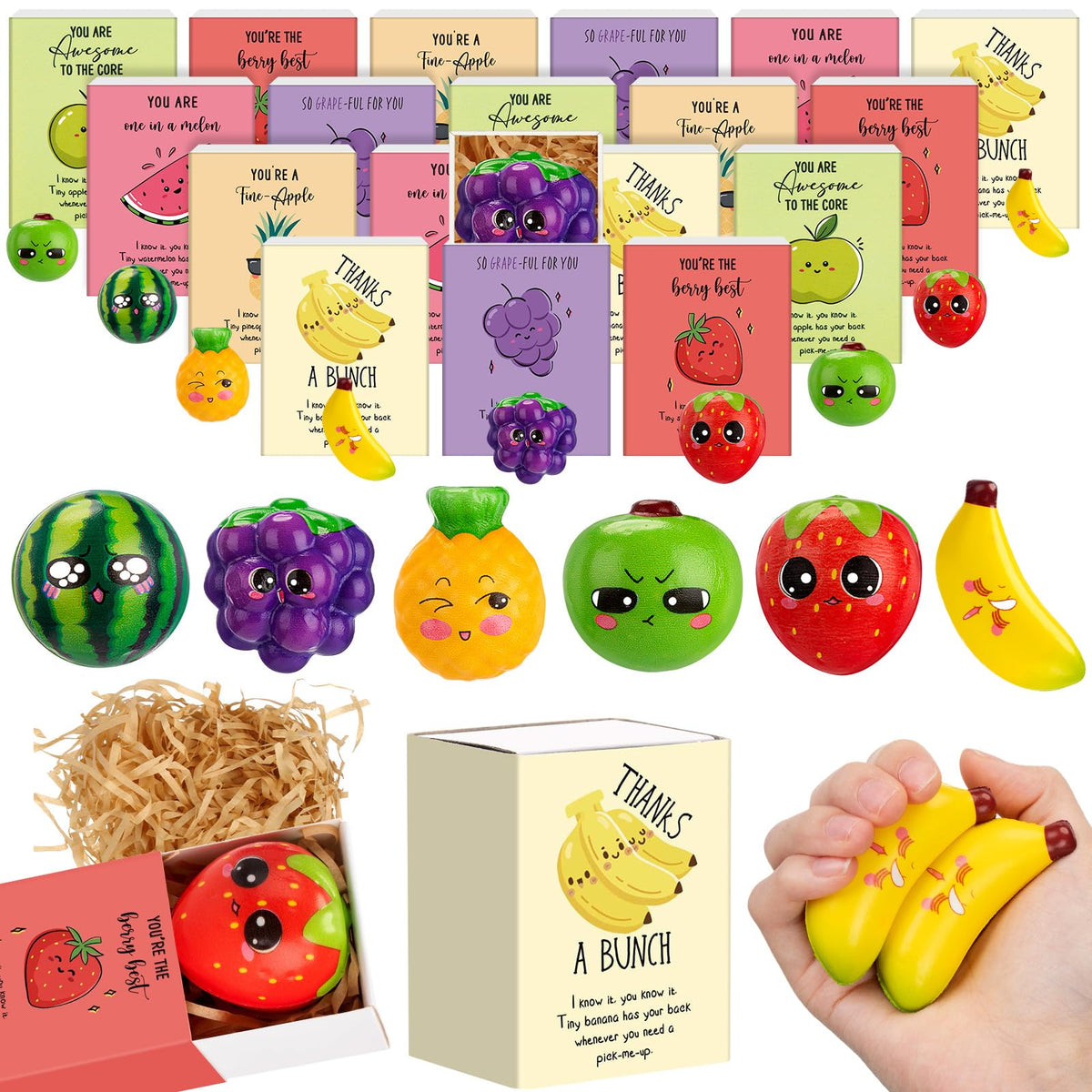 JellyArch Funny Dancing Fruit Inspirational Gifts for Employee Cute Positive Work Stress Relief Gifts for Coworker Fruit Stress Balls with Affirmation Motivational Pun Box for Staff Student(24 Sets)