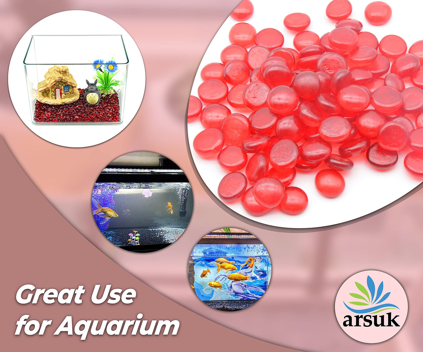 ARSUK 2LB Red Glass Pebbles for Vase Fillers, Aquarium Gravel, Decorative Stones for Crafts, Fish Tanks, Plant Pots, Wedding, Garden, Home Decor – Flat Glass Marbles (Red, 2LB)