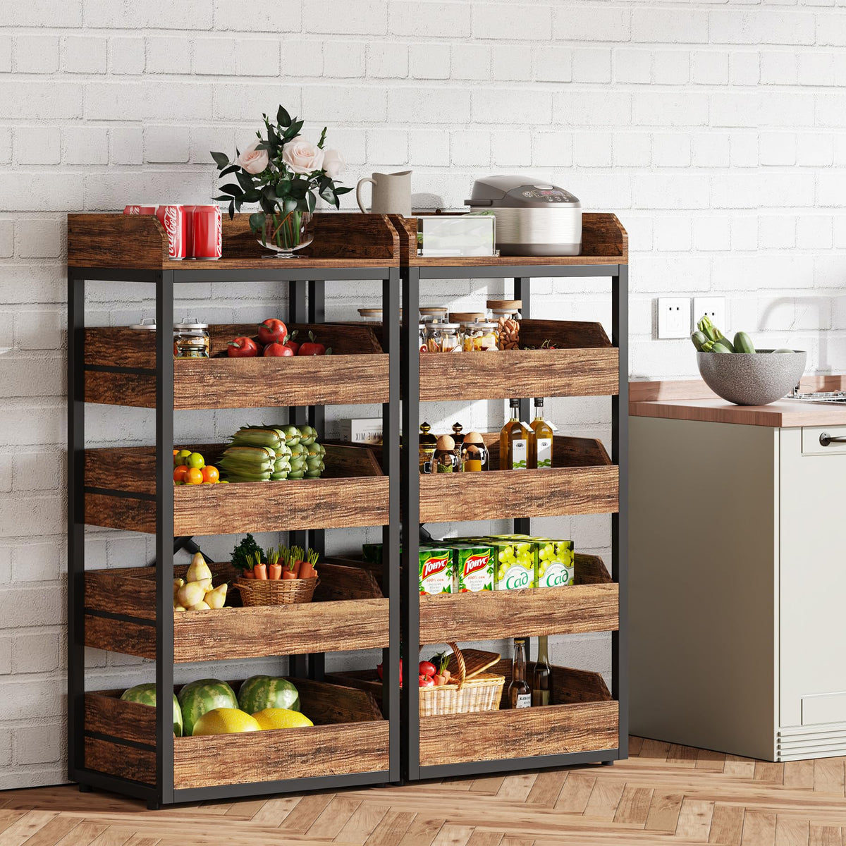 Tribesigns Wood Fruit and Vegetable Storage Rack, 5-Tier Pull-Out Snack Stand Fruit Basket Stand, Utility Shelf Organizer for Kitchen, Living Room, Bedroom, Rustic Brown