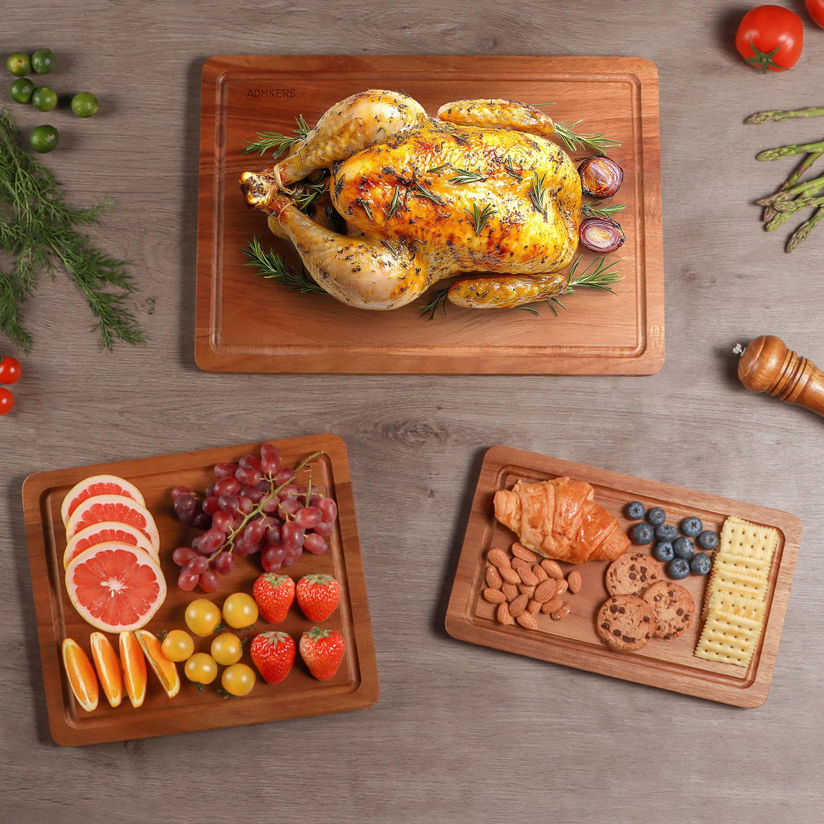 Wood Cutting Boards for Kitchen, Acacia Wooden Cutting Board Set, Charcuterie Board, Large Solid Chopping Board for Meat, Cheese, Fruit, Vegetables (set of 3)
