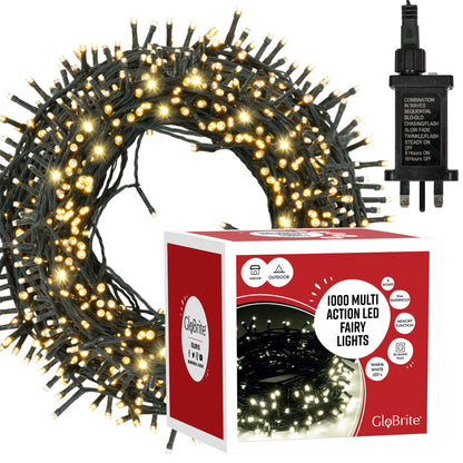 GloBrite Fairy Lights 1000 LED - Christmas Lights with 8 Modes Function for Christmas Tree Outdoor Lights Christmas Lights Garden Lights Christmas Tree Decorations - White