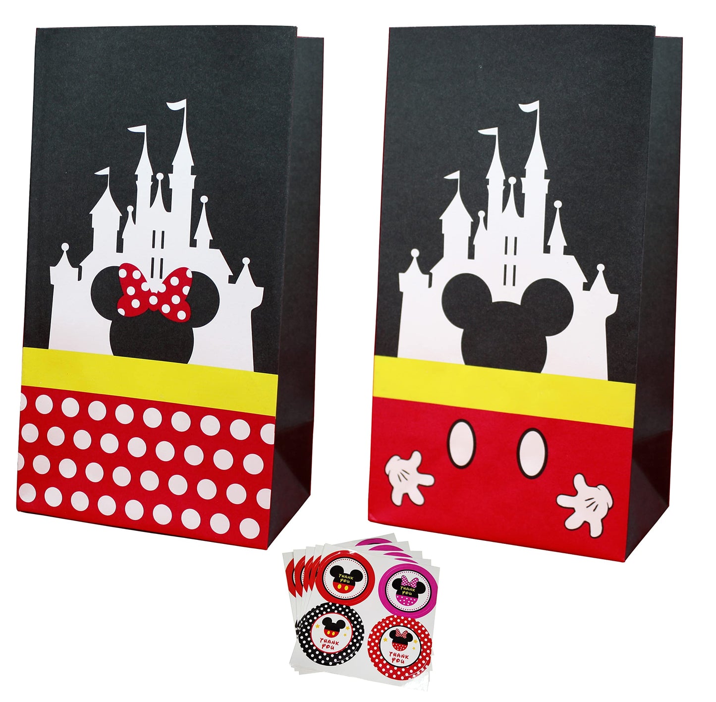 MOAXMOA Party favor Gift Bags Candy Treat Bags Birthday Baby Shower Wedding Mickey Minnie Theme Decorations Supplies with Stickers Set of 24