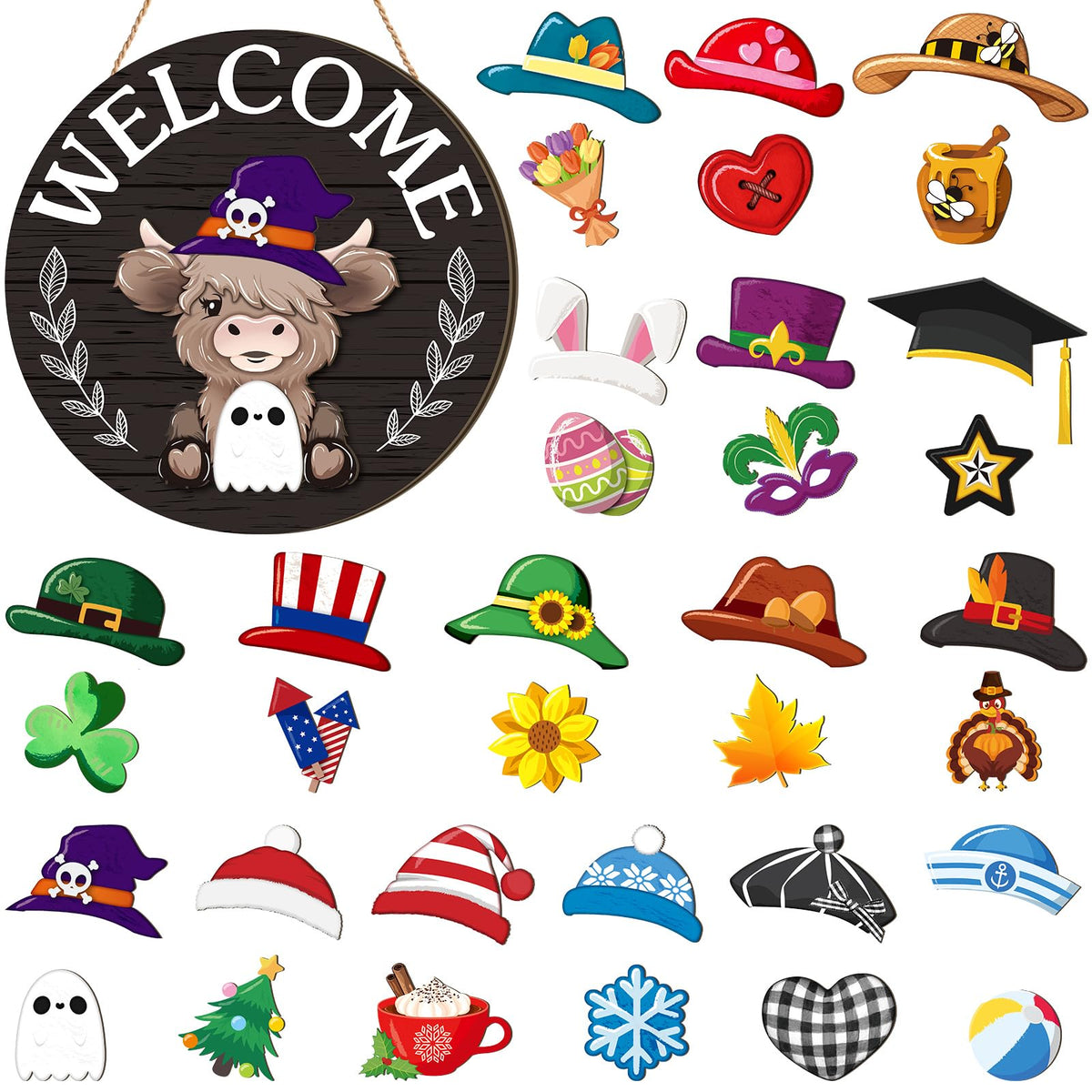 Vicenpal 35 Pcs Patriotic Interchangeable Highland Cow Welcome Sign 4th of July Highland Cow Seasonal Wooden Hanging Door Decor Farmhouse Hanging Sign for Seasons Holiday Party Decor