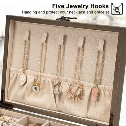Pinzoveco Jewelry Box for Women, Rustic Wooden Jewelry Organizer Box for Storage Earrings Rings Necklace Bracelet, Farmhouse Style Wood Jewelry Boxes & Organizers (Gray)
